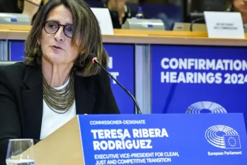 La aún vicepresidenta tercera, Teresa Ribera, durante su examen de este martes en la Eurocámara. Parlamento Europeo